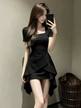 H&M French Black Hepburn Summer Dress Women Waist Cinching Mermaid Short